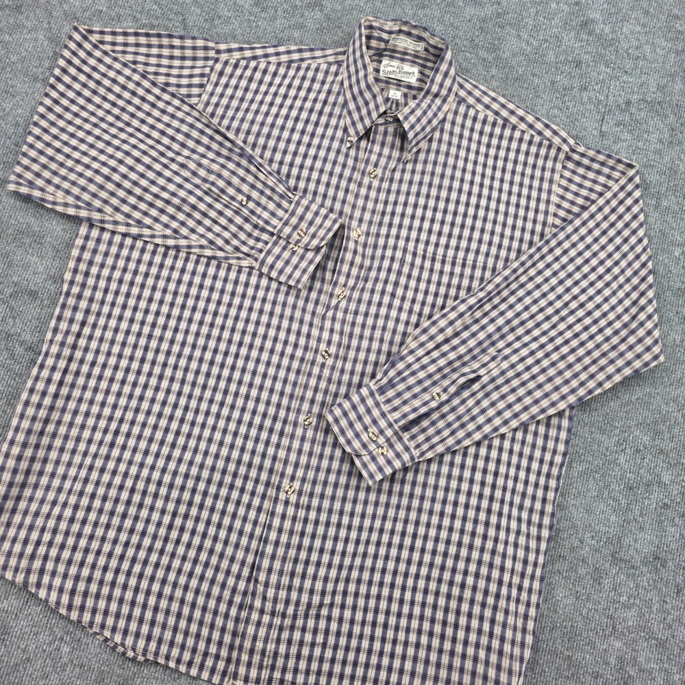 Vintage Sears Roebuck Plaid Button Down Shirt Blue Tan 18 36/37 Mens XL Tall